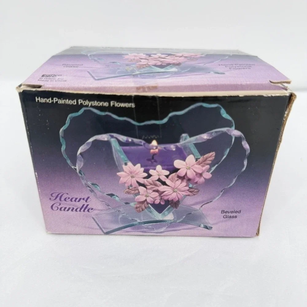 Giftco Heart Candle Beveled‎ Glass Holder Polystone Flowers Purple Decor Gift